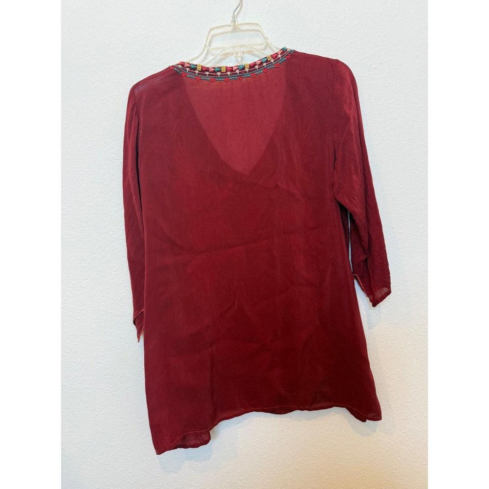 Johnny Was Burgundy Red Embroidered Phoenix Floral Tunic Top NMC85767 Womens S - Picture 2 of 6